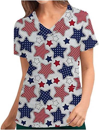 Camisa da blusa para mulheres verão outono 2023 Roupas modernas de manga curta V trabalho gráfico do pescoço Top com bolsos 3c