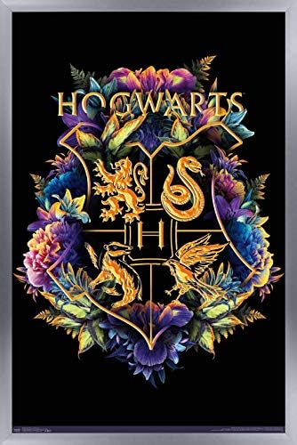 Trends International The Wizarding World: Harry Potter - Floral House Crests Wall Poster, 22.375 x 34, versão emoldurada de prata