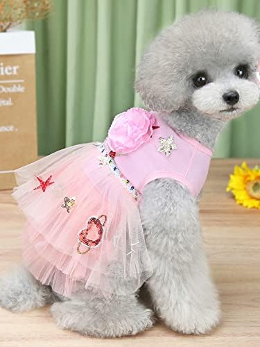 Qwinee lantejão de lantejoulas e decoração de flor de cachorro cachorro gato de cachorro mangas malha de princesa vestido respirável e macio de petu vestidos de saia
