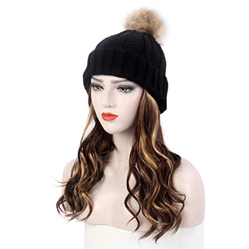 Yfqhdd moda feminina chapéu de cabelo preto chapéu de malha preto peruca longa peruca marrom de destaque