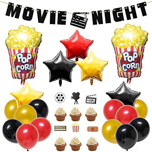Beyumi 45 Packs Kit de decorações de festas temáticos de filme 45 - Balões de papel alumínio em forma de estrela de pipoca, balões de látex com fita, banner noturno de cinema, cubos de cupcakes definidos para a cerimônia de premiação do Oscar