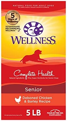 Wellness Complete Health Senior Dry Dog Food com grãos, frango e cevada, bolsa de 5 libras