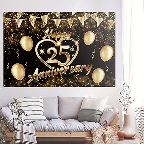 Feliz 25º aniversário do Banner Decor Black Gold - Glitter Love Heart Happy 25 anos Aniversário de casamento Decorações