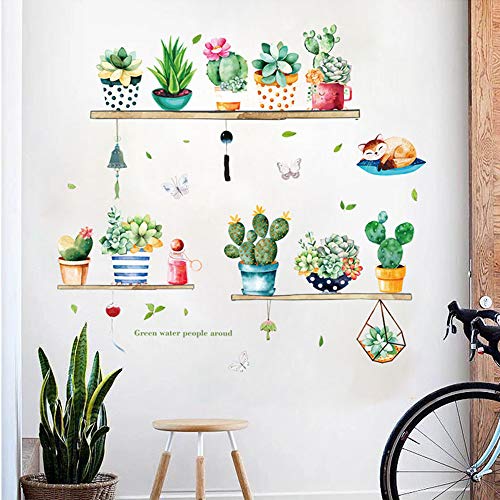 Plantas suculentas de cactos em aquarela decalques de parede, colagem de plantas verdes adesivos de parede, decoração de parede