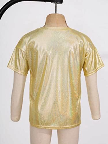 Jhaoyu Kids meninos meninos mangas curtas Camiseta de dança metálica brilhante Top Top Modern Jazz Hip Hop Stage Costume Gold 5-6