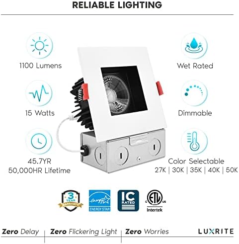 Luxrite LED quadrado de 4 polegadas Iluminação embutida com caixa de junção, 15w, 5 cor selecionáveis ​​2700k -5000k, 1100 lúmens, 40 ° Spotlight, Downlight Dimmable, classificação molhada, classificação IC - acabamento branco e preto preto
