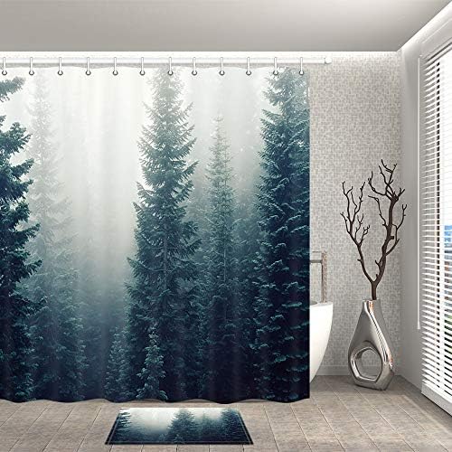 Cortina de chuveiro de decoração da floresta nebulosa, pinheiro rústico da floresta de pinheiros da montanha da montanha Atualize as cortinas de banheiro de tecido de poliéster, com ganchos de 12pcs 69x70 polegadas