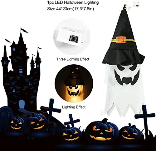 Rhyuui Halloween Decorações de decoração ao ar livre pendurada iluminada chapéu de bruxa fantasma Decorações de halloween fora ornamentos