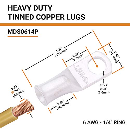 Selterm 10pcs 6 AWG-1/4 Terabilotos de fio de cobre em estanho, extremidades de cabo de bateria para serviço pesado, terminais