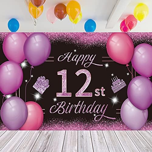 Feliz 12º aniversário Banner Pink Purple 12º placar de 12º Poster de 12 anos de festa de aniversário para fotografia de fotografia de fotografia de fundo decorações de festas de aniversário, 72,8 x 43,3 polegadas