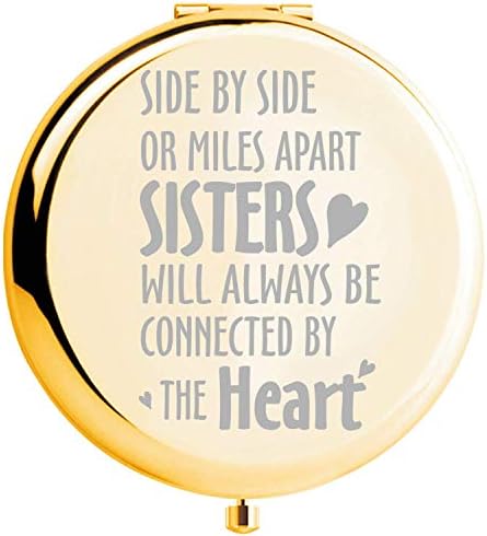 FNBGL Irmã Presentes da irmã lado a lado ou Miles Apart Sisters Inspirational Compact Mirror Gold Birthday Gift, idéias engraçadas para irmãzinha grande, irmã da alma, melhor amigo