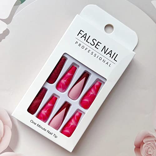 24 PCs Pressione as unhas de unhas de longa duração de dia dos namorados com designs de rosas cola rosa brilhante nas unhas