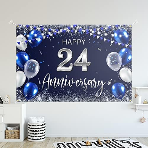 Feliz aniversário de 24º aniversário, decoração de banner azul marinho - brilho prateado feliz 24 anos aniversário de casamento
