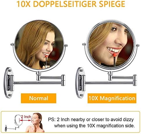 Espelho de vaidade ZJBB para montagem na parede, espelho de maquiagem de ampliação de 10x com luzes, espelho de banheiro de dupla face 360 ​​° espelhos de barbear giratórios, controle de toque, carregamento USB