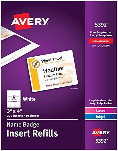 Crachás de nomes magnéticos personalizáveis ​​Avery, 3 x 4, branco, 24 inserções imprimíveis e suportes de crachá com ímãs e inserções