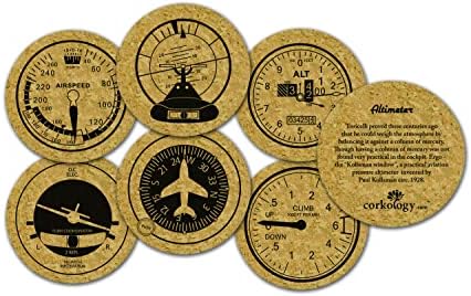 Corkology Aviation Set Instruments de vôo Coasters, 3,75 dia, cortiça