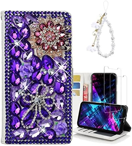Caixa da carteira de cristal de arte de fada compatível com o Samsung Galaxy A71 5G - Bonito Flor - roxo - 3D tampa de couro com brilho