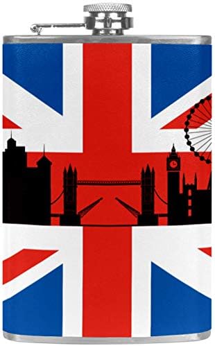 Balão de quadril para bebidas inoxidáveis ​​à prova de vazamentos de aço inoxidável com funil 7,7 oz de couro grande ideia de presente de presente - bandeira britânica com a paisagem urbana de Londres