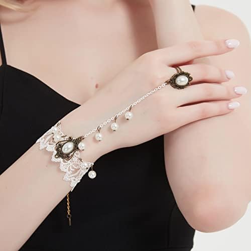 KenJudess Gothic Pearl Lace steampunk pulseira vintage pingente pendente de pendente de renda com a corrente de mão com anel de dedo lolita renda de mão acessórios para mulheres e meninas