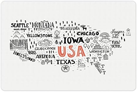 Mapa lunarable mapa de estimação para alimentos e água, Estados Unidos da America City Tipografia Padrão Conceito local, tapete de borracha sem deslizamento para cães e gatos, 18 x 12, salmão preto branco