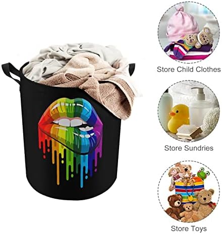 Gay Homossexual Lésbica Lips de Lábios Rainbow cesto de lavanderia com traço de tração de tração de lavar sacos de armazenamento para