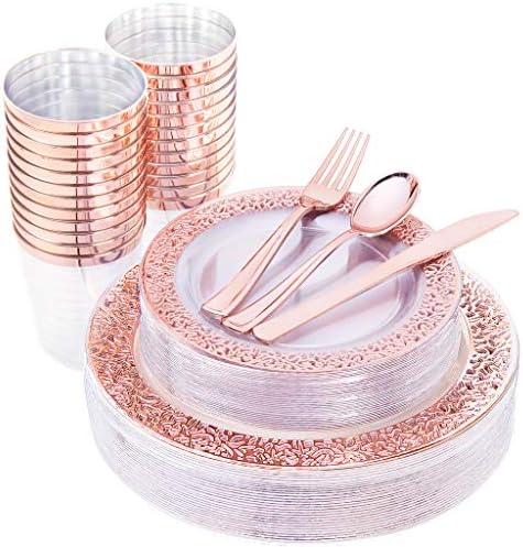 I00000 150 PCs Placas de plástico de ouro rosa e talheres e xícaras descartáveis, o design do LADE inclui 25 placas de jantar 10,25