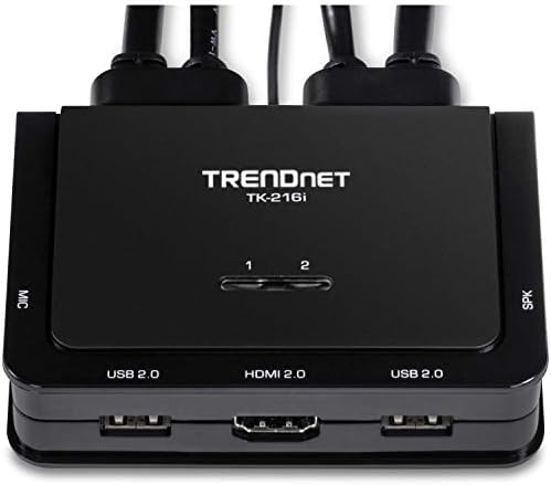 Interruptor KVM de TrendNet 2-Port 4K W/Audio, TK-216i, 4K UHD (3840 x 2160@60Hz, alto-falante/microfone de 3,5 mm, Switch USB 2 computadores, compartilhamento USB 2.0, HDMI 2.0, HDMI 5.1 Suporte a áudio, monitor Trocar