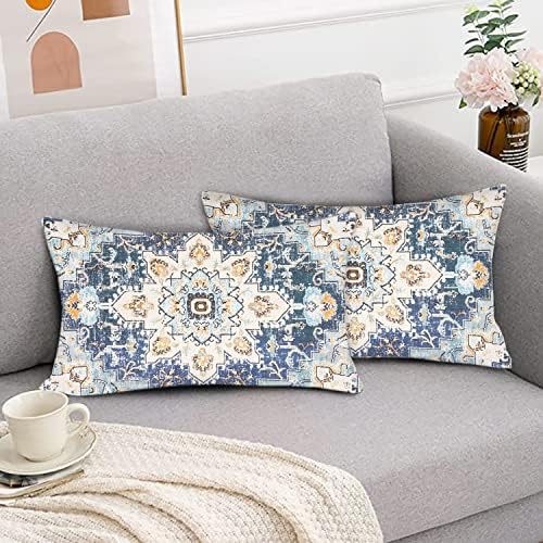 Snycler 2pcs padrão étnico azul boho travesseiro tampa de 12x20 polegadas Southwest Farmhouse Pillow Decor Home Decor de algodão Retângulo Tiro com almofada de almofada para sofá sofá sofá