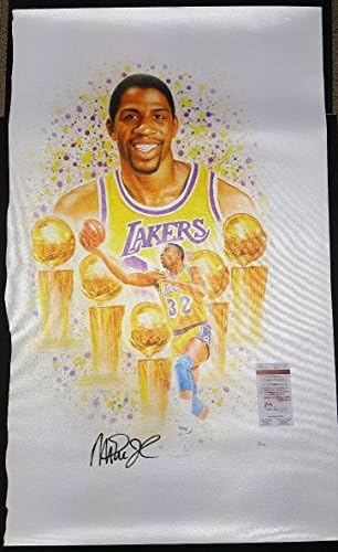 O Magic Johnson autografou o Los Angeles Lakers Canvas Transfer 36x23. Testemunha JSA - Arte Autografada da NBA
