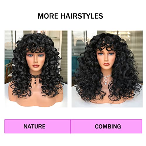 Annivia Curly Wig com franja para mulheres negras Borgonha Borgonha Long Shag Curly Shag sintéticos perucas usam diariamente Cosplay 17 polegadas