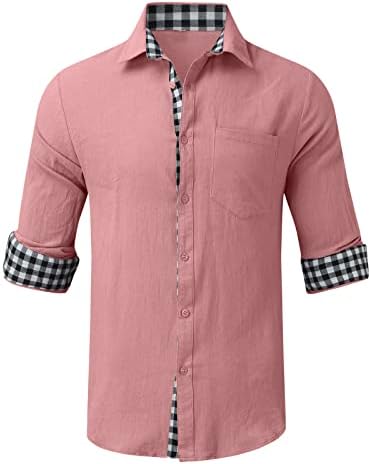 Camisas para baixo de linho de algodão masculino do ZDDO, camisa de retalhos de retalhos de retalhos xadrez de manga longa