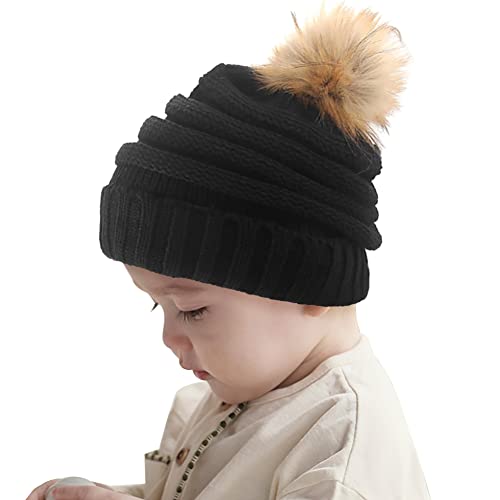XYIYI Beige Kids Soft Knit Feanie Hat com Fur Pom para meninas meninas