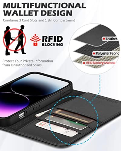 Caixa da carteira de Shieldon para iPhone 14 Pro 5G 2022, Genuine Leather iPhone 14 Pro Case RFID Bloqueio de bloqueio de