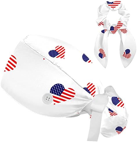 Love Heart USA Flag Padrão Tampa, chapéu de amarração ajustável, tampa de cabeça de um tamanho de trabalho para mulheres cabelos