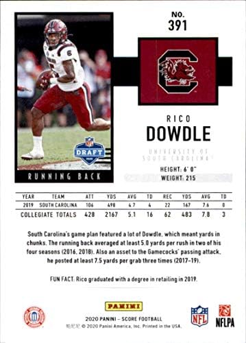 2020 Pontuação #391 Rico Dowdle Carolina do Sul Gamecocks Cartão de futebol novato
