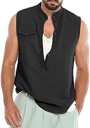Camisetas sem mangas de linho de algodão ubst para homens Henley Button V Neck Vest Holida de verão Tampas de praia