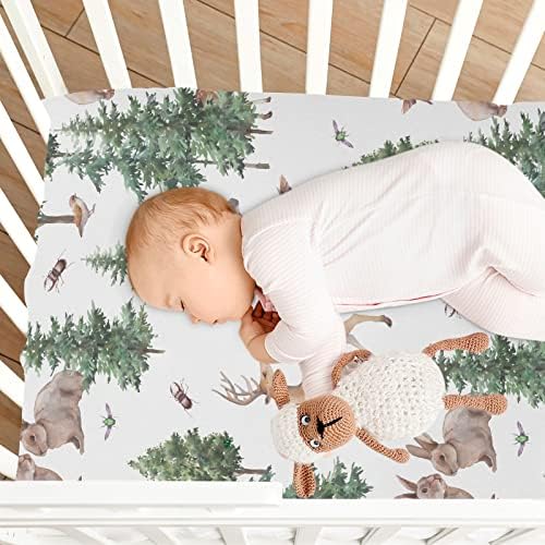 Kicpoay encaixou folhas de berço animais com árvores florestas lençóis portáteis portáteis para bebês bebês, colchão de mini berço