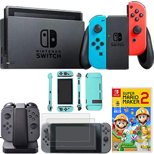 Nintendo Switch 32 GB Console com pacote de joy azul neon e vermelho com super mario maker 2, protetor de tela 2 pacote,