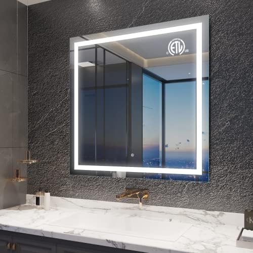Mavisever Mirror de banheiro LED LED 36 x 36 polegada, espelho iluminado dianteiro quadrado para parede, anti-capa, memória,