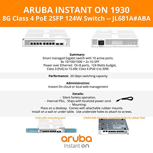 Aruba Instant em 1930 Poe GB Ethernet 8xge Poe, 2x 1g SFP, L2+ Smart Switch US Cord