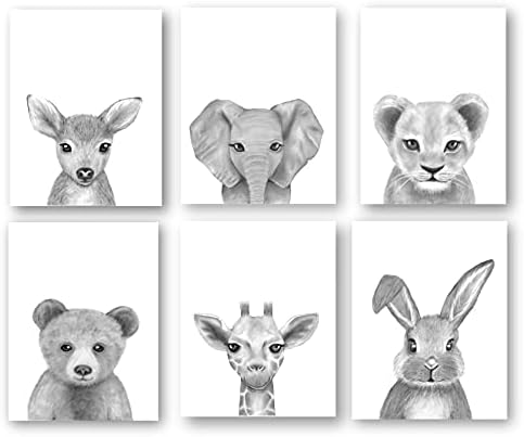 Baby Animal Bursery Artwork Prints | Conjunto de 6 | Bosques neutros e safari decoração de arte de parede de salão