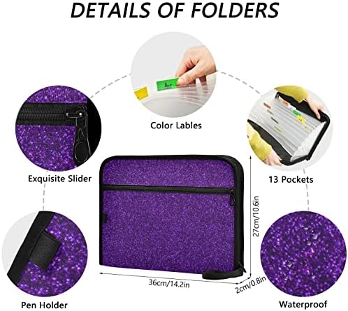 Linqin Purple texturizado brilhante Glitter Expanding File Pasta com fechamento do zíper 13 bolsos acordeão de expansão