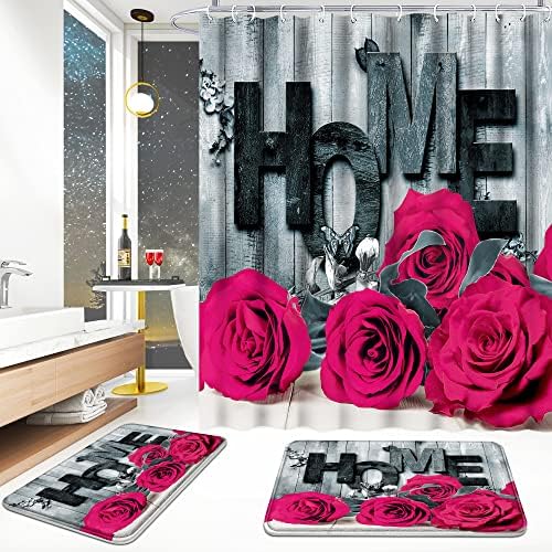 Conjuntos de banheiros de enyorsel 3pcs, cortina de chuveiro vermelha rosa conjunto com tapetes, inclusão 71 '' x 71 '' cortina