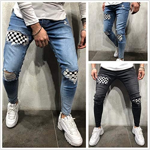 Calça jeans rasgada masculina de Andongnywell e jeans de moda de perna reta de manchas magras com botão zip