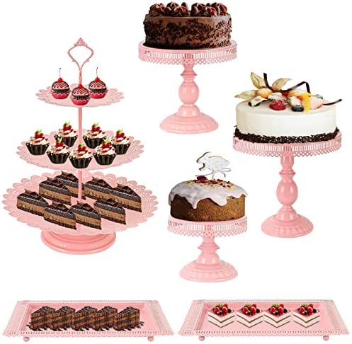 Texinpress 6 peças Bolo Stand Conjunto de bolo redondo rosa Posto de bolo 8 polegadas/10 polegadas/12 polegadas Cupcake de