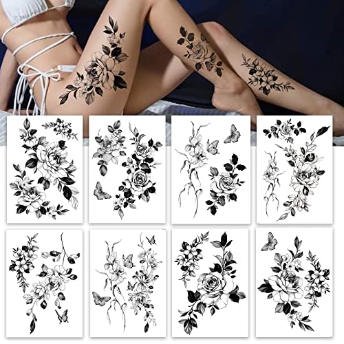 Tatuagens temporárias para mulheres Sexy coxa ombro do peito Estômago grande flor enorme tatuagens falsas ， requintadas e estéticas ， projetadas por artistas de tatuagem reais | Roarhowl Tattoo Rose 8 lençóis
