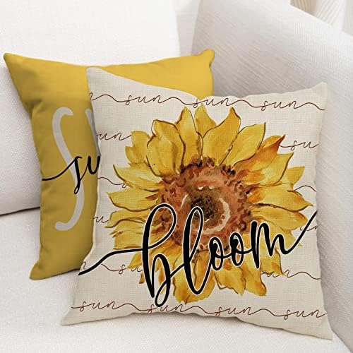 FJFZ Sweet Summer Sunflower Bloom Bloom Decorativa Tampa de travesseiro 18 x 18 set de 4, Hello Sunshine amarelo vara