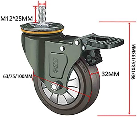 Qissa 2,5 polegadas giratórias com freio, haste rosqueada M12, rodízios de borracha para serviço pesado, cada capacidade de carga 65 kg sem ruído, para carrinhos