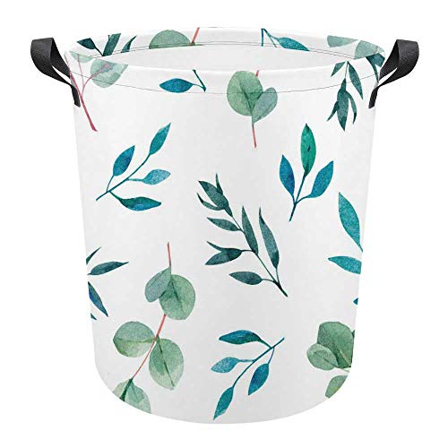Grande cesto de roupa redonda com alças, folhas verdes de aquarela de armazenamento cesta de armazenamento organizador
