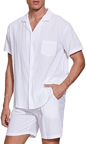 NHICDNS Camisa de botão de linho masculino Hawaiin Roupa de 2 peças Roupas de camisa de praia de férias casual curto roupas